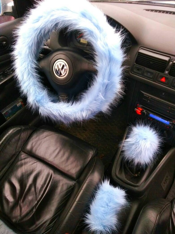 Fuzzy Car Accessories Steering Wheel Cover Gear Shift Knob Cover Handbrake Cover Rear View Mirror Cover Belt Cover Accessories Set