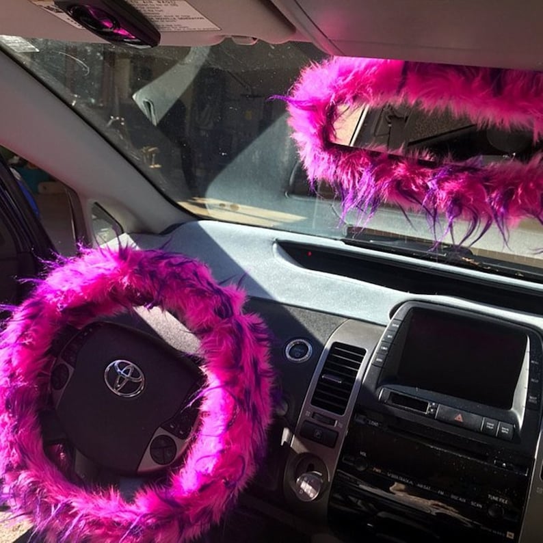 Fuzzy Car Accessories, Steering Wheel Cover, Gear Shift Knob Cover, Handbrake Cover, Rear View Mirror Cover, Belt Cover. Accessories Set. image 4