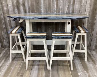 6 Foot Surfboard Table with 4 Stools, Bar Height table, Made in North Carolina, Carolina Beach, 42" Tall, Pub Table,  Bar Table