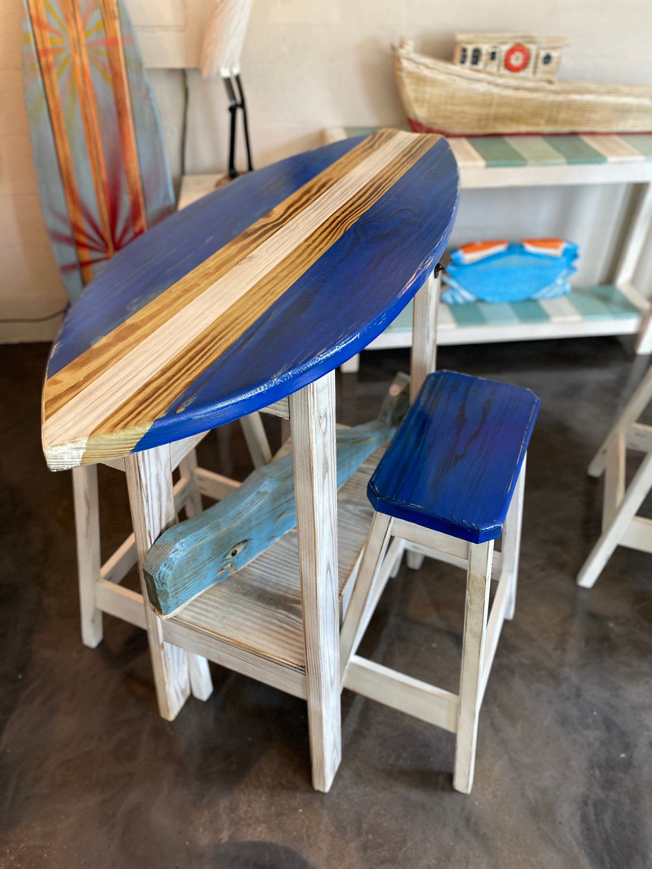 4 Foot Surfboard Table With 2 Stools Bar Height Table Made Etsy