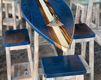6 Foot Surfboard Table with 4 Stools, Bar Height table, Made in North Carolina, Carolina Beach, 42" Tall, Pub Table,  Bar Table