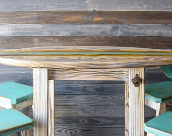 4 Foot Surfboard Table with 4 Stools, Bar Height table, Made in North Carolina, Carolina Beach, 42" Tall, Pub Table,  Bar Table