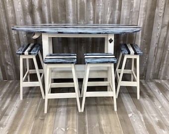 4 Foot Surfboard Table with 4 Stools, Bar Height table, Made in North Carolina, Carolina Beach, 42" Tall, Pub Table,  Bar Table
