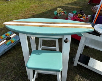 4 Foot Surfboard Table with 2 Stools, Bar Height table, Made in North Carolina, Carolina Beach, 42" Tall, Pub Table,  Bar Table
