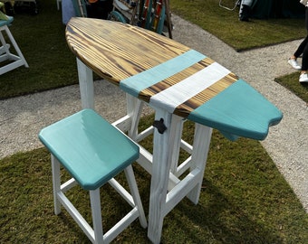 4 Foot Surfboard Table with 2 Stools, Bar Height table, Made in North Carolina, Carolina Beach, 42" Tall, Pub Table,  Bar Table