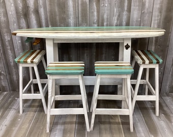 6 Foot Surfboard Table with 4 Stools, Bar Height table, Made in North Carolina, Carolina Beach, 42" Tall, Pub Table,  Bar Table