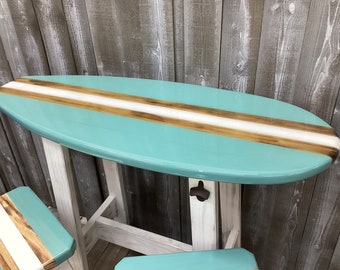 4 Foot Surfboard Table with 2 Stools, Bar Height table, Made in North Carolina, Carolina Beach, 42" Tall, Pub Table,  Bar Table