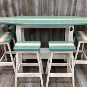 6 Foot Surfboard Table with 4 Stools, Bar Height table, Made in North Carolina, Carolina Beach, 42" Tall, Pub Table,  Bar Table