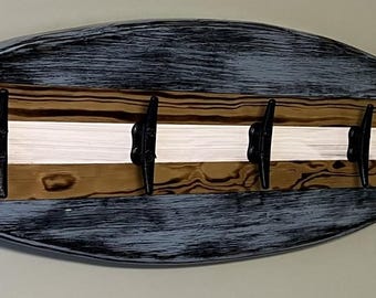 32" Surfboard towel/coat rack with galvanized boat cleats.