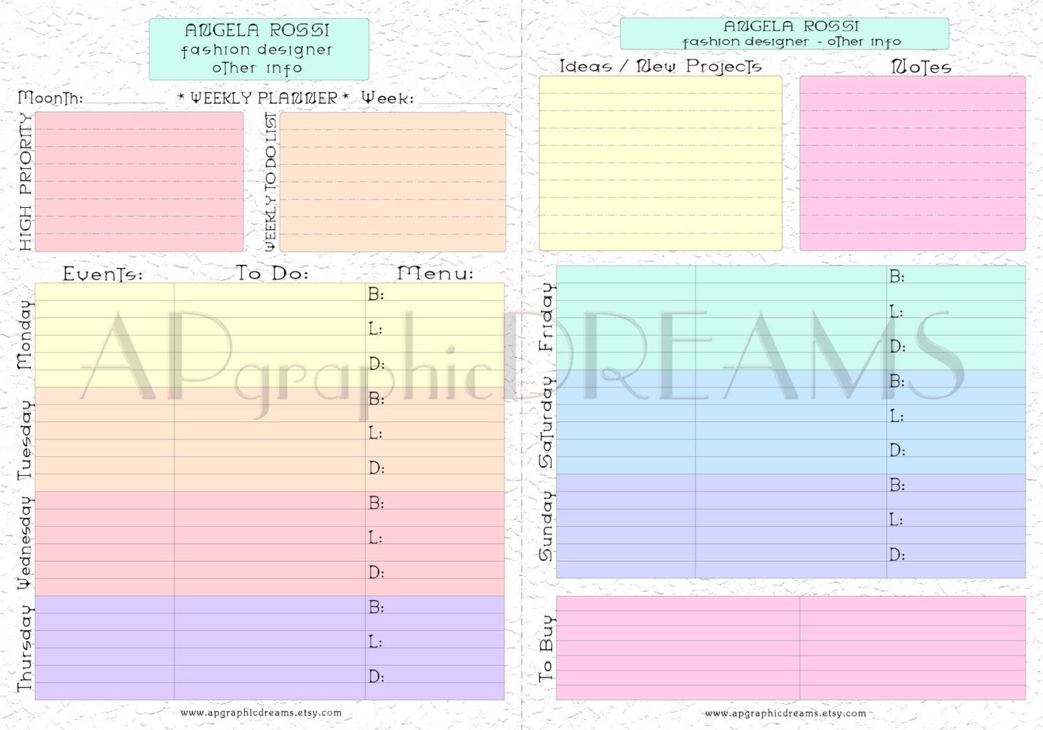 customized weekly planner or printable colored weekly planner etsy