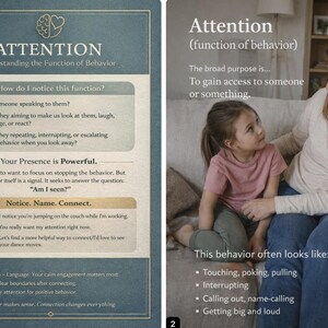 May include: Two-page educational card set. Page one has text about attention and behavior, with a brain and heart graphic. Page two shows a mother and child on a couch, with text about attention and behavior.