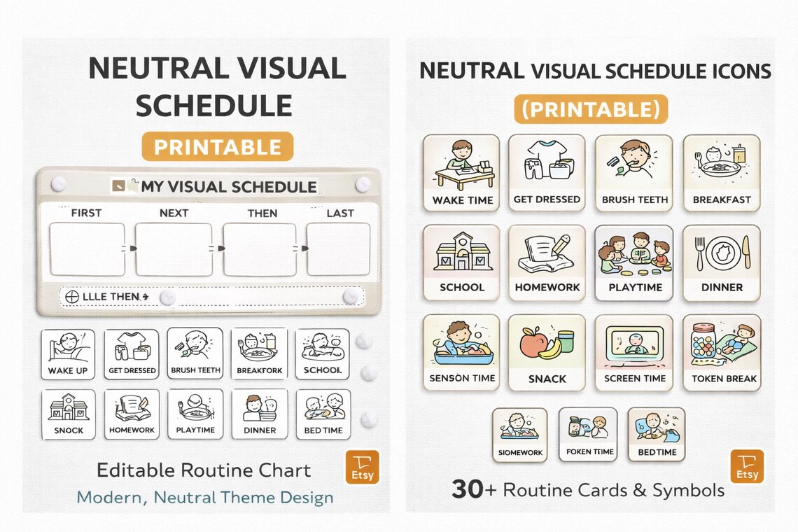 Neutral Visual Schedule Printable | Autism Routine Chart | ABA First ...