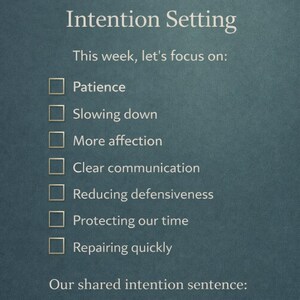 May include: A teal-colored graphic with the words "Intention Setting" at the top. Below, a list of intentions includes "Patience," "Slowing down," and "More affection." The text encourages focus on these intentions.
