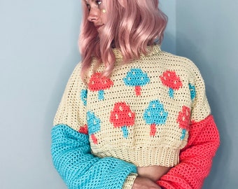 Crochet Pullover Pattern | Mushroom Pullover | Size Inclusive | Graphic Sweater | Beginner Friendly | Cottagecore Sweater | Picnic Sweater