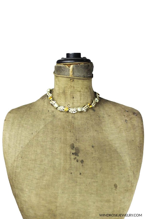 Vintage Coro Gold Leaf Necklace with Large Green R