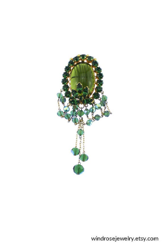 Art Deco Rhinestone Brooch, Dark Green Rhinestone
