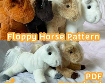Könnte beinhalten: Eine Sammlung von kuscheligen, schlaffen Pferden in verschiedenen Farben, darunter Orange, Schwarz, Beige und Weiß. Der Text "Floppy Horse Pattern" und "PDF Download" ist auf dem Bild zu sehen. Die Pferde haben lange Mähnen und liegen.