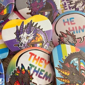 Clearance Pride + Pronoun Dragon 2.25" Buttons