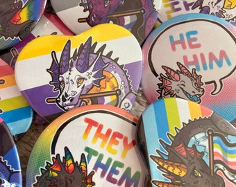 Clearance Pride + Pronoun Dragon 2.25" Buttons