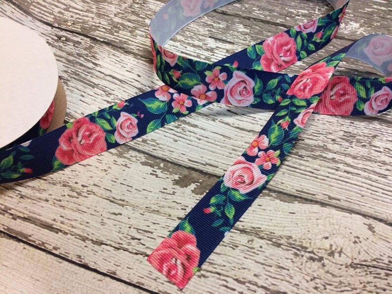 78 or 1.5 Grosgrain Ribbon in Navy and Pink Floral Print Floral Ribbon Rose Ribbon Girly Ribbon