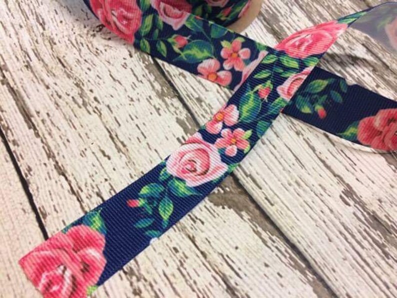 78 or 1.5 Grosgrain Ribbon in Navy and Pink Floral Print Floral Ribbon Rose Ribbon Girly Ribbon