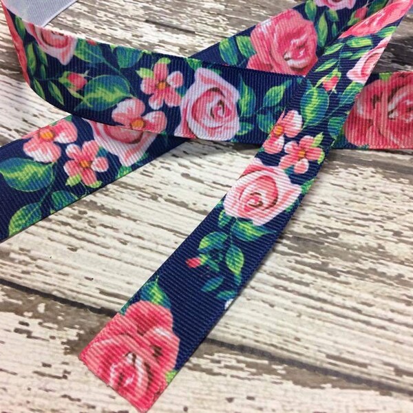 Cinta Grosgrain de 7/8 o 1.5" en impresión floral de color marino y rosa - cinta floral - cinta rosa - cinta femenina