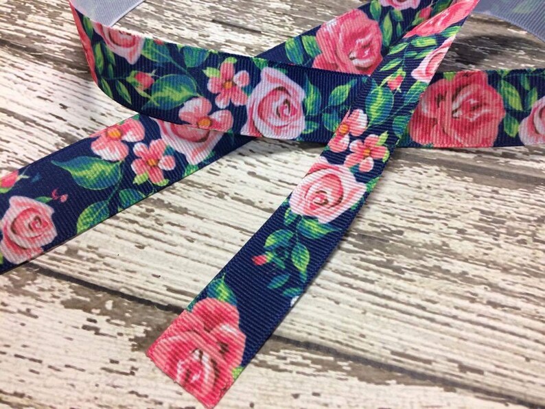 78 or 1.5 Grosgrain Ribbon in Navy and Pink Floral Print Floral Ribbon Rose Ribbon Girly Ribbon