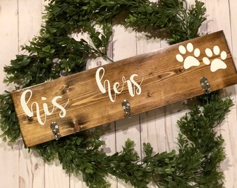 His, Hers & Dog / Entryway Key Hooks / Leash and Collar Holder / Entryway Sign / Pawprint / Dog / Pawprint / Wooden Gift