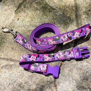 Purple Leash/Collar Combo, Summer Minnie, Summer Disney, Dog Accessories, Durable Dog Leash, Dog Lead, Ribbon Dog Collar, Disney Dog
