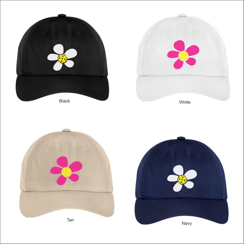 May include: Four different colored baseball caps with a white daisy with a yellow center and pink petals. The caps are black, white, tan, and navy.