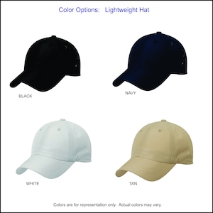 May include: Four lightweight hats in black, navy, white, and tan. The hats have a mesh back and a curved brim.