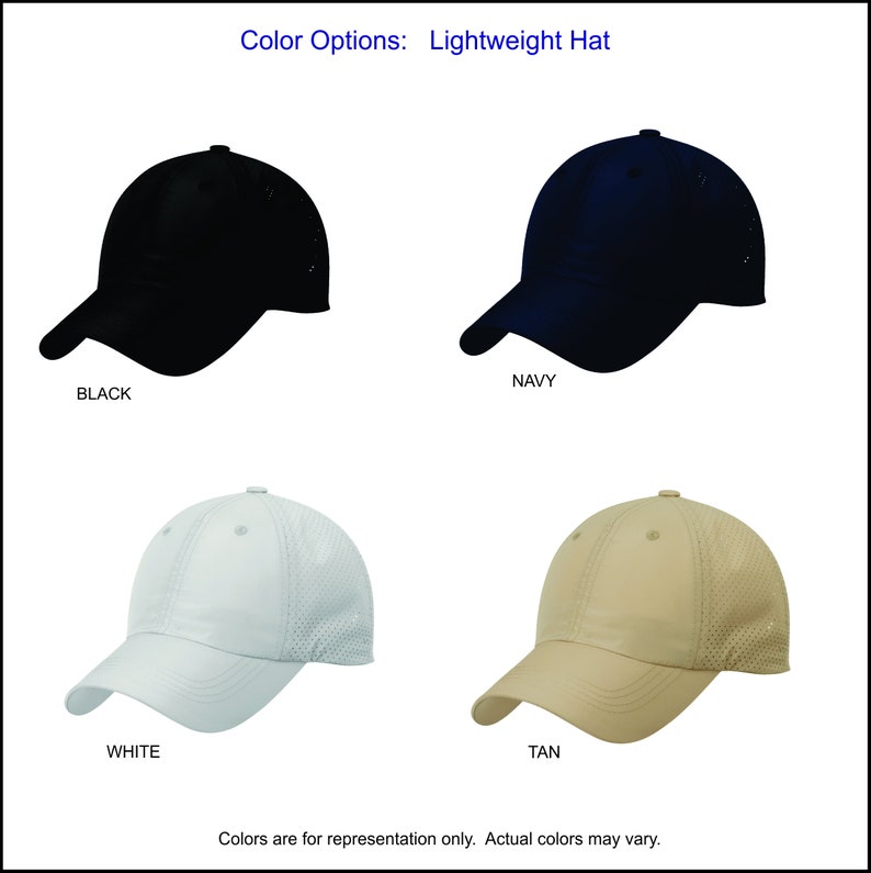 May include: Four lightweight hats in black, navy, white, and tan. The hats have a mesh back and a curved brim.