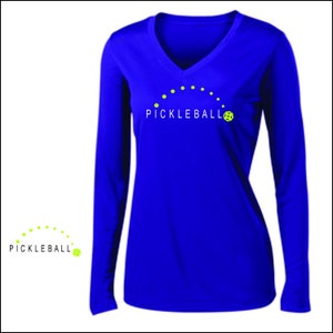 May include: A royal blue long-sleeved shirt with a white v-neck and a white graphic of a pickleball with the word "PICKLEBALL" in white letters.