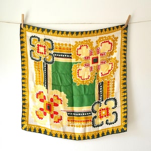 vintage green/mustard/red silk scarf head neck scarf silk scarf geometric silk scarf