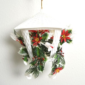 vintage hanging Christmas decor holiday decor poinsettias plastic bells white plastic basket hanging Christmas decor
