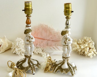 vintage PAIR bisque cherub table lamps French decor angel lamps gold white rococo style lamps