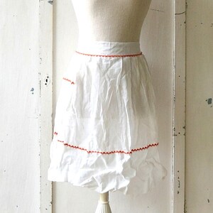 vintage sheer white with orange ric-rac trim pocket apron white shabby chic apron