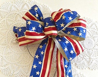 vintage patriotic bow July 4th ribbon bow decor red white blue American decor