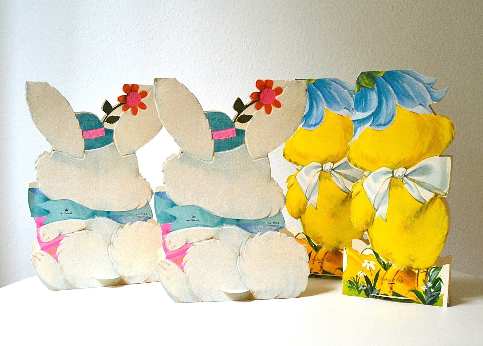Vintage TWO Flocked Easter Cards Bunny Chick Stand up Easter Cards Die ...