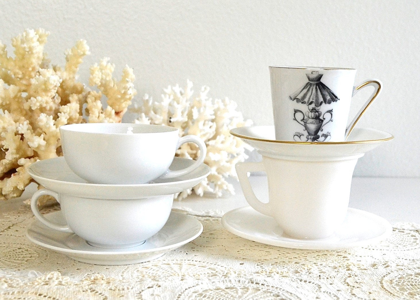 Vintage FOUR White Small Tea Cups and Saucers Demitasse Cups Etsy