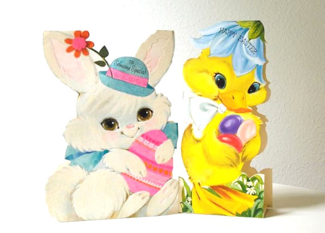 Vintage TWO Flocked Easter Cards Bunny Chick Stand up Easter Cards Die ...