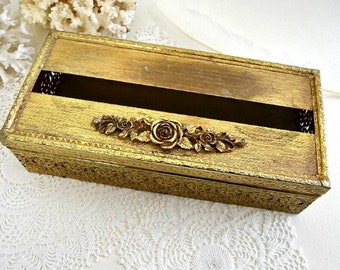 vintage floral gold ormolu TISSUE BOX holder vanity decor powder room tissue holder fancy ornate tissue holder