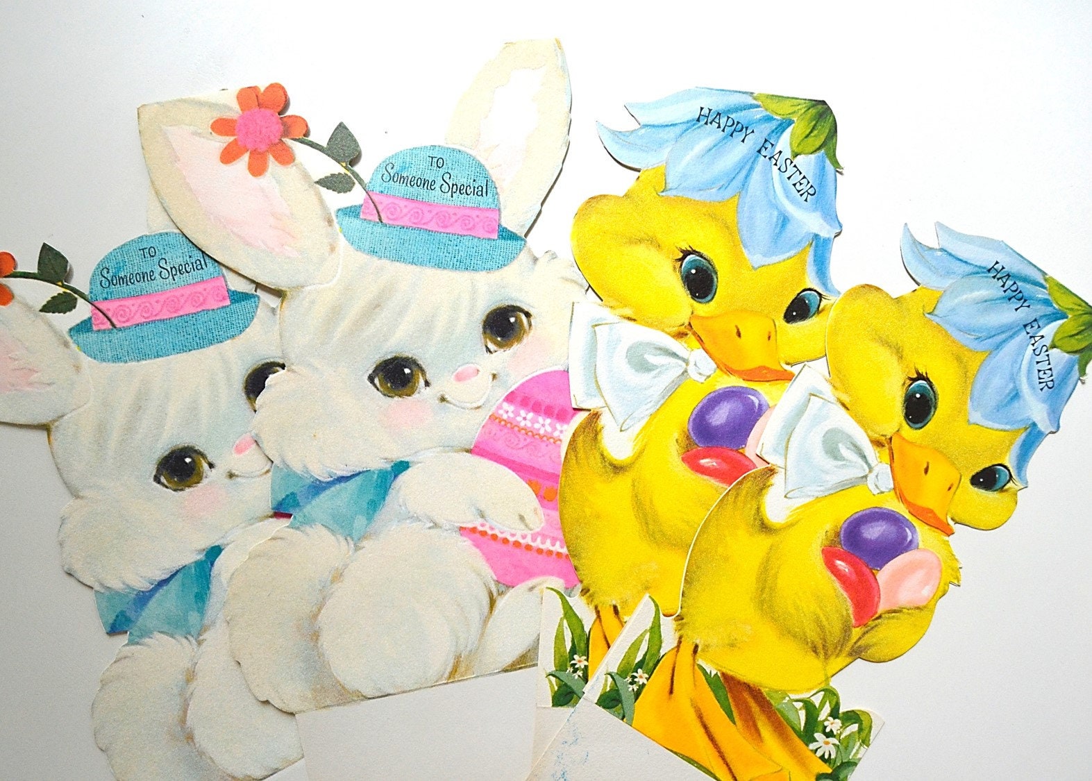 Vintage TWO Flocked Easter Cards Bunny Chick Stand up Easter Cards Die ...