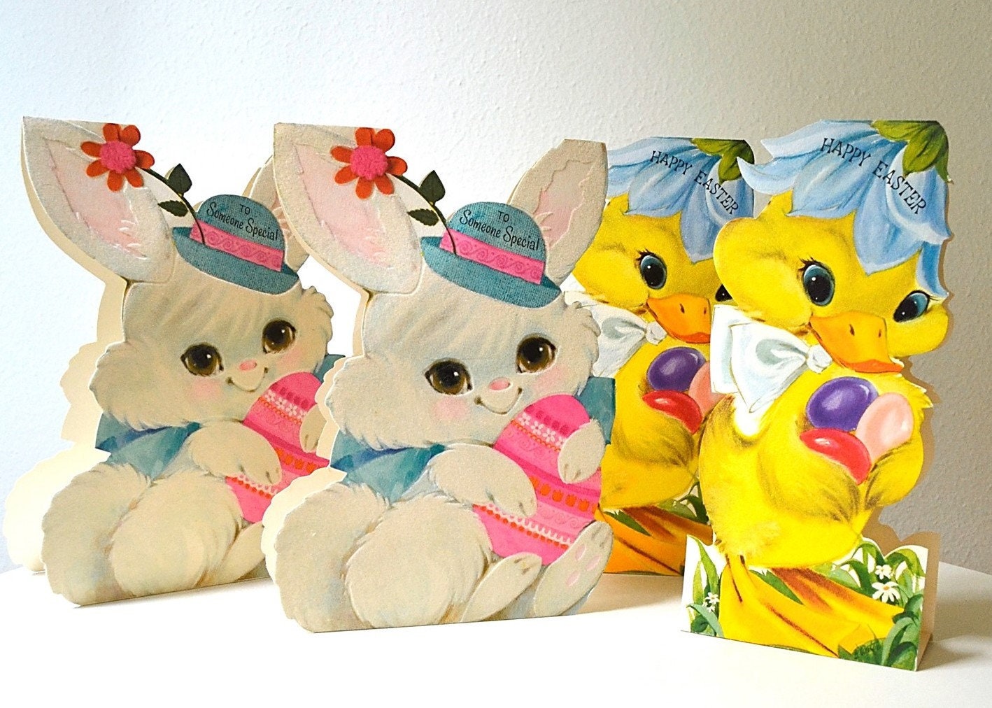 Vintage TWO Flocked Easter Cards Bunny Chick Stand up Easter Cards Die ...