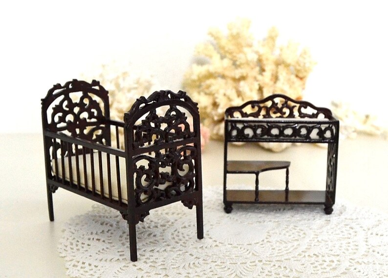 Vintage Two Dollhouse Furniture Pieces Baby Crib Changing Table Dollhouse Nursery Furniture