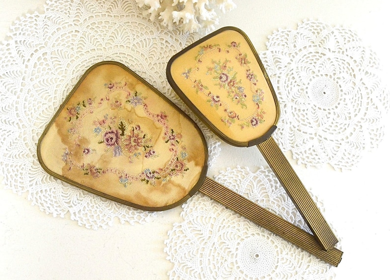 Vintage mirror and brush set embroidered hand mirror/brush set Etsy