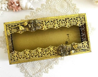 vintage floral gold ormolu tissue box holder vanity decor powder room tissue holder fancy ornate tissue holder
