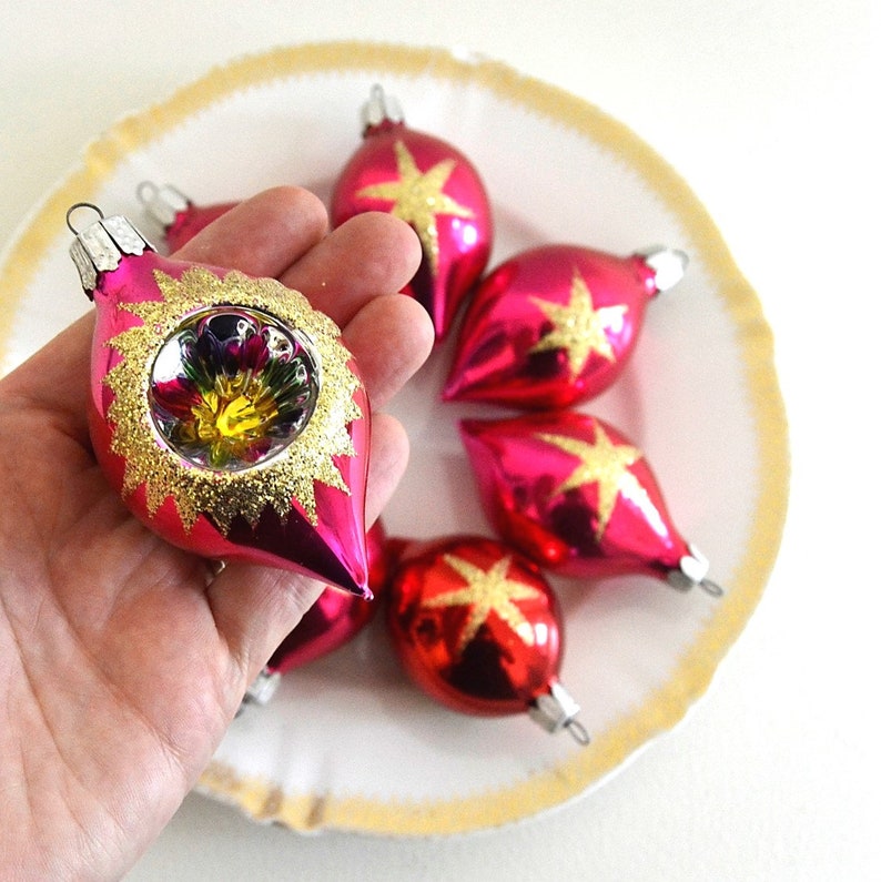 vintage SEVEN indented teardrop glittered Christmas glass ornaments painted ornaments holiday decor christmas tree ornaments