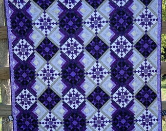 Heritage Quilt/Patchwork/Bedspread/Log Cabin Block/Purples/Black/Grays/White/Handcrafted/Unique/Vibrant