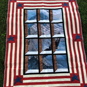Freedom/eagle quilt/flag/USA/stars and stripes/mountains/blue/red/white/bedspread/blanket/throw/attic window/window pane/free shipping